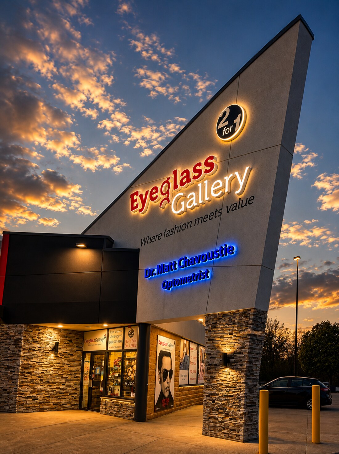 Eyeglass Gallery storefront in Burlington at sunset